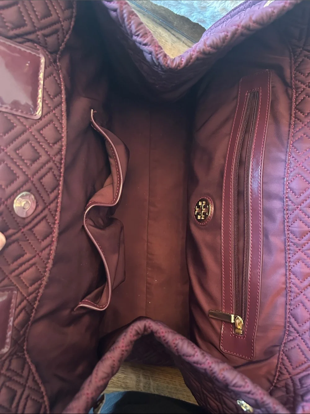 Tory Burch Marion Quilted Tote in Wine with Patent Handles like new